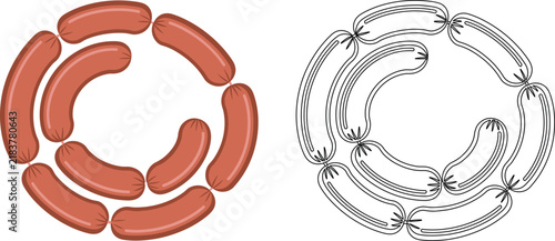 Delicious meat sausages arranged in a circular frame pattern shown as flat vector icons and line art on white background.
