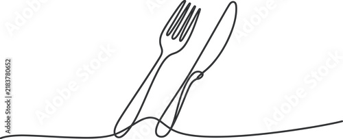 Continuous single line drawing of a fork and a knife for restaurant or food theme