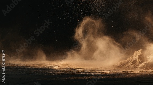 Dramatic night scene of powerful wind blowing sand and dust across a dark landscape with glowing particles in the air