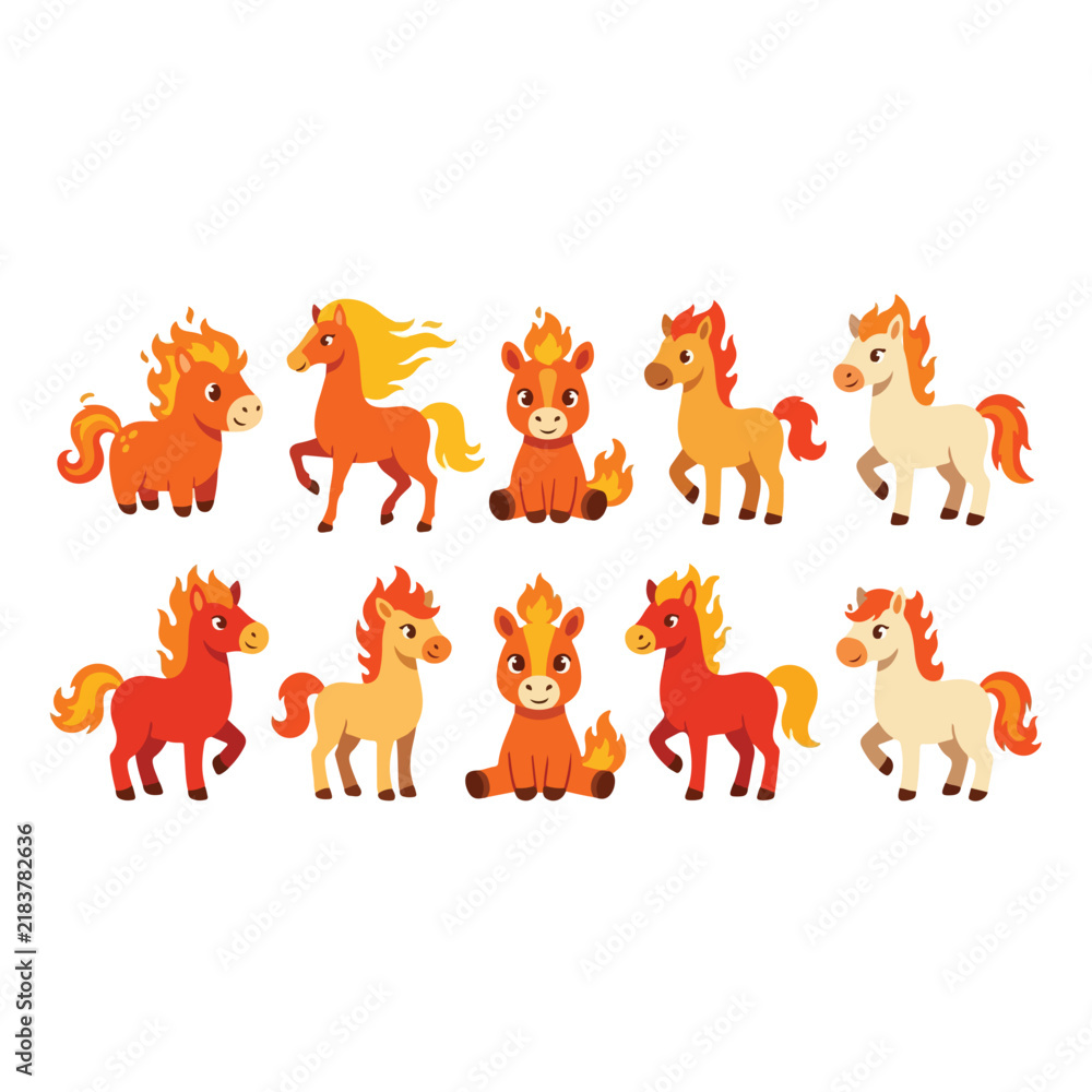 Obraz premium Cute fire pony horse cartoon character set