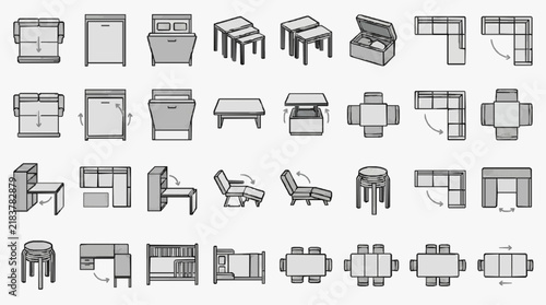 Transformable Furniture Line Icons Showing Conversion Mechanisms for Home and Office