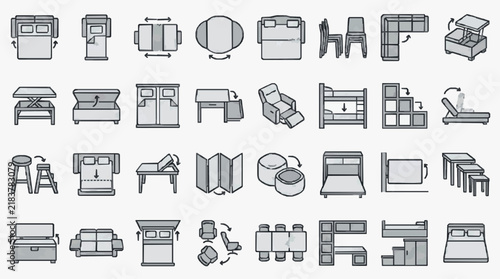 Transformable Furniture Line Icons for Space Optimization and Multifunctional Design