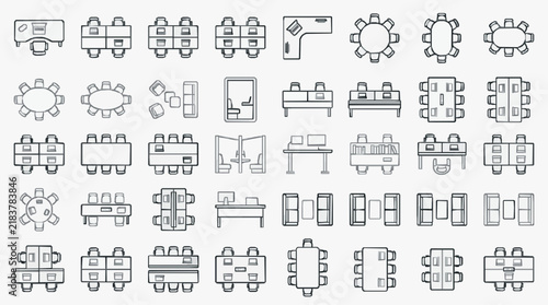 Diverse Office Seating and Conference Table Arrangement Line Art Collection