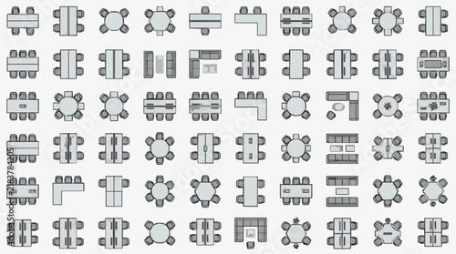 Collection of diverse office seating and table arrangements for workspace planning