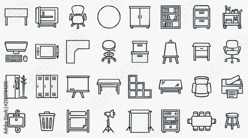 Comprehensive collection of office and classroom furniture icons for presentations and designs