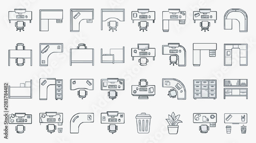 Comprehensive Collection of Office Workstation and Furniture Layout Icons