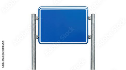 Blue directional road sign on metal stand