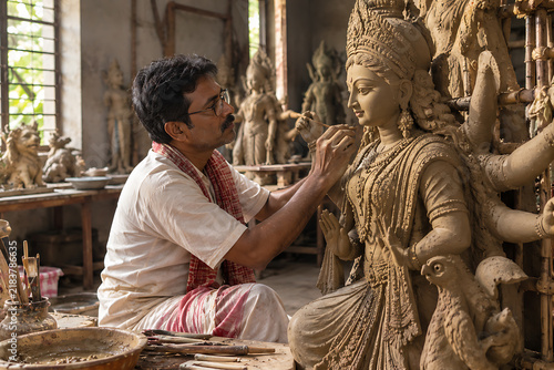Indian Artisan Sculpting Traditional Lakshmi Clay Idol
