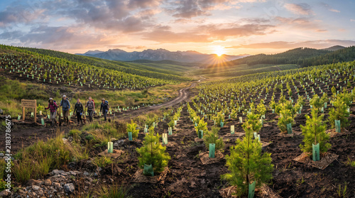 Group of volunteers planting young trees in a reforestation project at sunrise.