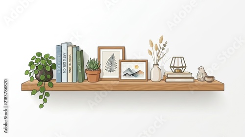 Wooden floating wall shelf with books, picture frames, and indoor plants on white background
