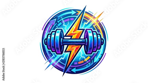 Fitness dumbbell icon with lightning bolt symbol for gym and workout branding design