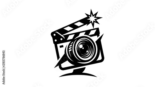 Filmmakers club logo design with film clapperboard and camera lens icon