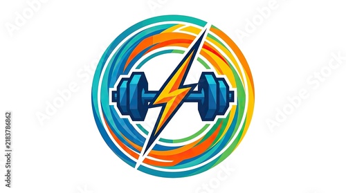 Fitness gym logo with dumbbell and lightning bolt icon for sports branding and health club
