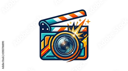Filmmakers club logo design featuring a colorful movie clapperboard and camera lens icon.
