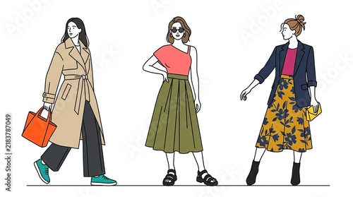 Fashionable women silhouettes wearing trendy seasonal outfits and stylish modern clothing.