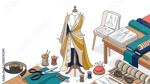 Tailor mannequin with fabric and sewing tools for fashion design and garment production