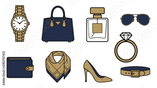 Luxury Fashion Accessory CAD Vector Icon Set, Precise Technical Drafting Style