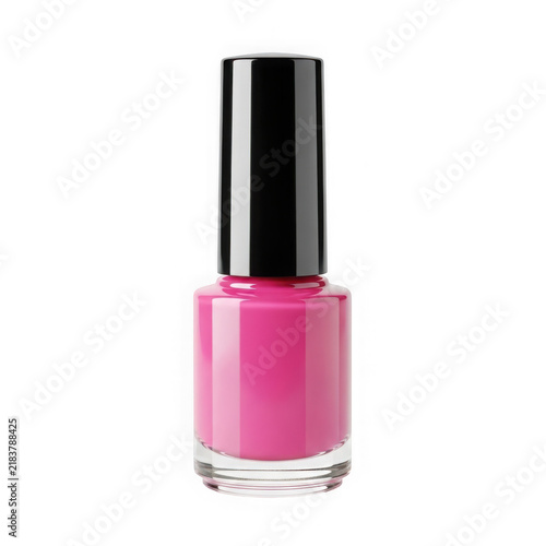 Pink nail polish bottle on white background