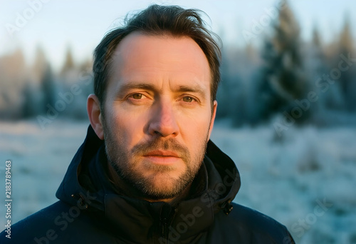 Mental health and solitude, pensive man standing in a cold winter landscape with frost and morning light for emotional reflection and mindfulness