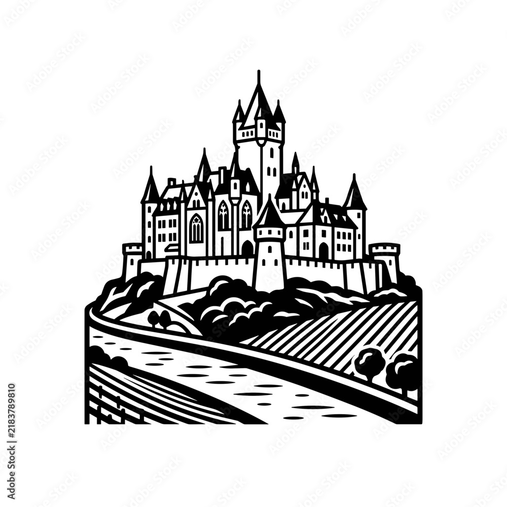 Naklejka premium Majestic Castle on a Hilltop Surrounded by Fields.