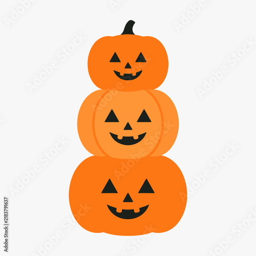 Trio of three stacked smiling Jack-o'-lantern pumpkins illustration. Ideal vector graphic for autumn harvest decors, Halloween party invitation borders, sticker packs, and greeting cards.