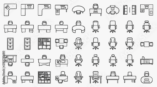 Comprehensive Collection of Office Furniture and Workspace Layout Icons