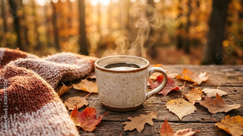 Steaming Cup of Hot Coffee Served Outdoors on a Rustic Wooden Table Amidst Vibrant Fallen Autumn Leaves in a Peaceful Woodland Setting