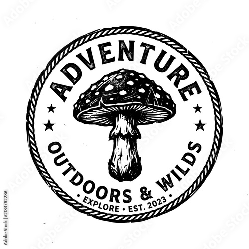 Adventure Outdoors and Wilds Mushroom Badge Emblem with Rope Border
