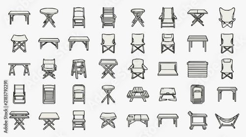 Folding Outdoor Furniture Line Art Collection of Chairs Tables and Benches