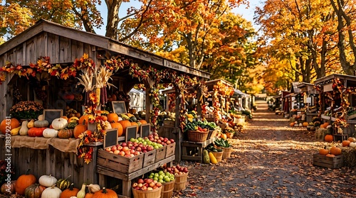Farmers market with autumn produce, pumpkins, apples, and vibrant fall foliage