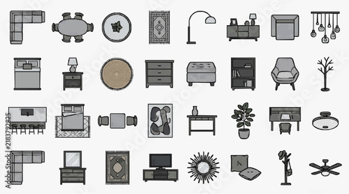 Comprehensive Home Interior Furniture and Decor Icons Set for Design Projects