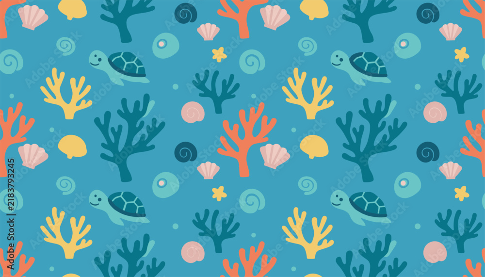 Obraz premium Beautiful seamless child pattern featuring cute cartoon sea turtles, colorful corals and shells on a blue background.