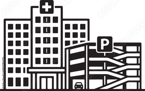 Hospital building with medical cross and multi level parking garage structure vector illustration.