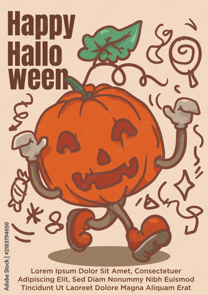 Fototapeta premium walking jack o lantern pumpin mascot for vintage happy halloween poster