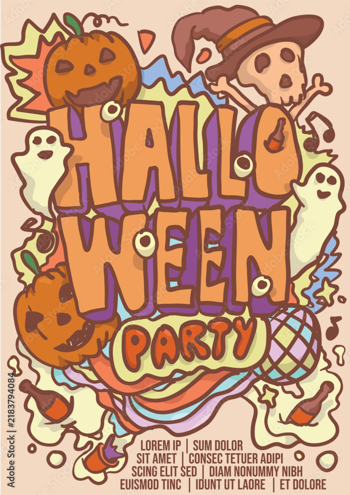 Fototapeta premium halloween party poster hand drawn font with jack o lantern, skull and ghost. bold vintage halloween poster