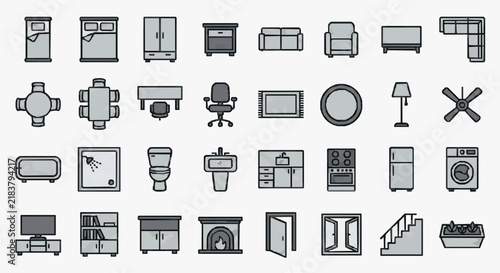 Comprehensive collection of household and office furniture icons for design projects