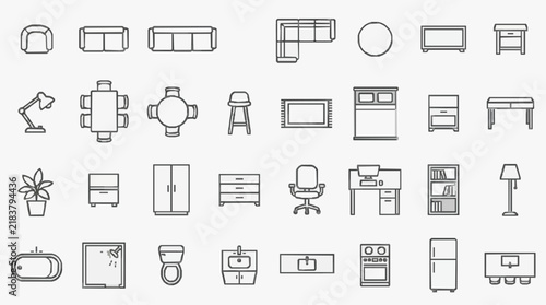 Comprehensive Collection of Minimalist Line Icons for Home and Office Furniture