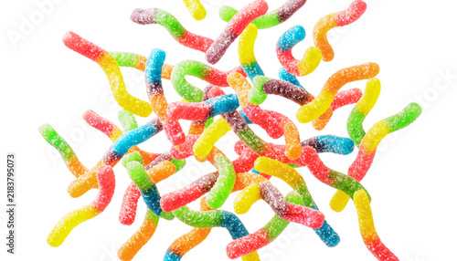 Colorful sour sugar coated gummy worms candy on transparent background