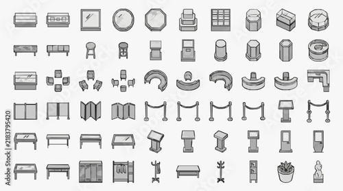 Comprehensive Icon Set of Office and Exhibition Furniture and Fixtures