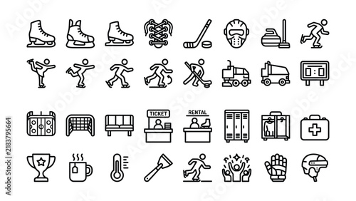 Canvas Print Collection of ice hockey and winter sports icons featuring equipment rental tick