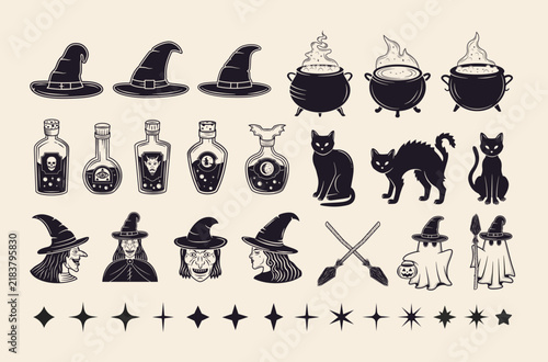 Witch magic icons with cauldrons potions cats and hats
