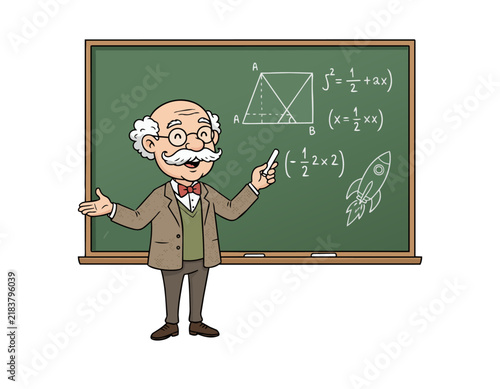 Professor Teaching at Blackboard, Old Male Teacher Illustration