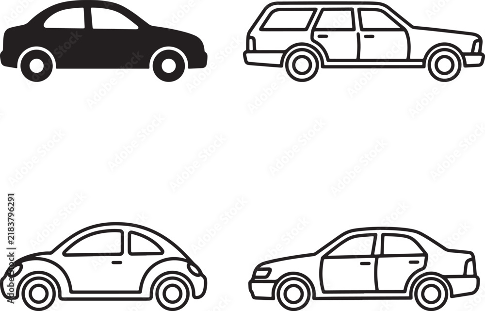 Naklejka premium Automobile silhouette collection displaying diverse car body types for automotive industry marketing.