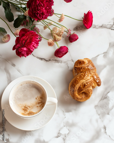 Elegant Coffee and Croissant Breakfast with Red Peonies on Luxury Marble Background