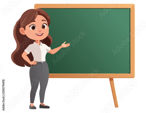 3D Cartoon Teacher Presenting on Green Chalkboard
