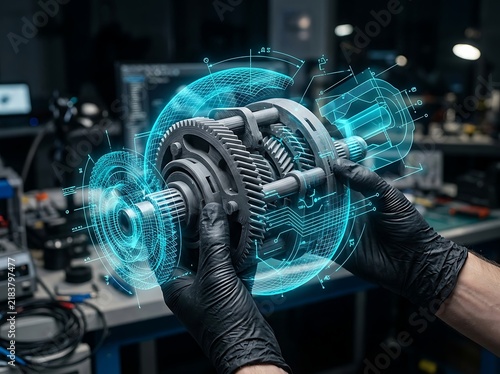 Engineer in black gloves holding a complex mechanical gear assembly with futuristic blue digital holographic data overlays in a hightech laboratory