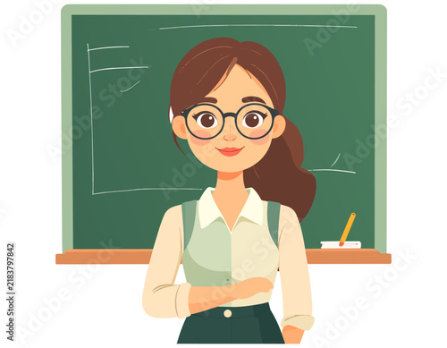 Education concept with a smiling female teacher standing by a blackboard