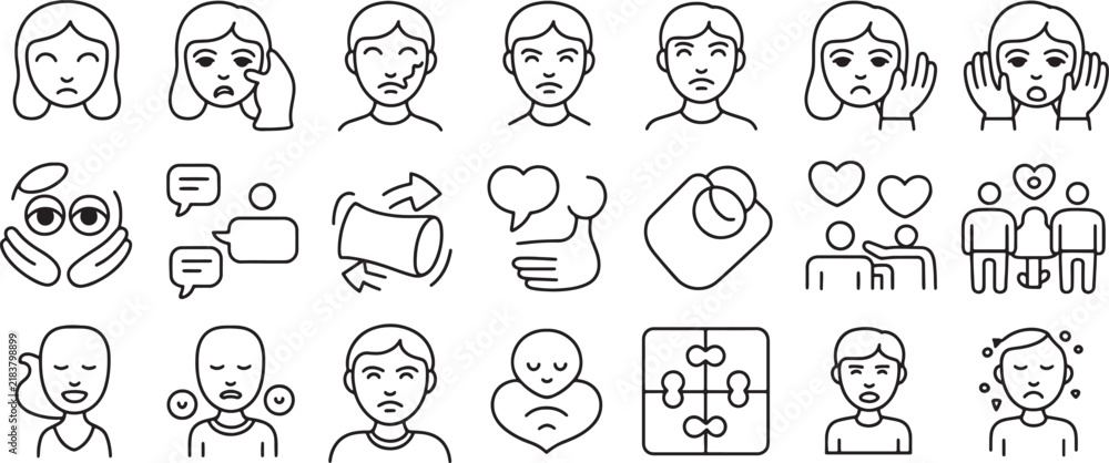 Fototapeta premium Human Faces Icons Set, Depicting Various Emotions and Gestures. Line Art Illustrations for User Interface Design