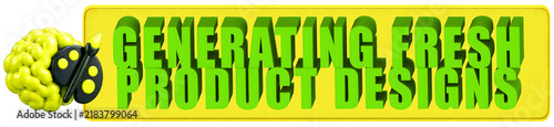 Generating Fresh Product Designs 3d text over a yellow rounded rectangular banner with Brain Palette 3d Icon