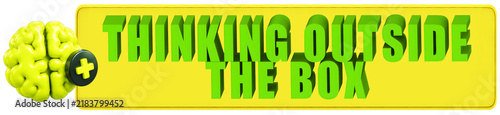 Thinking Outside The Box 3d text over a yellow rounded rectangular banner with Brain 3d Icon